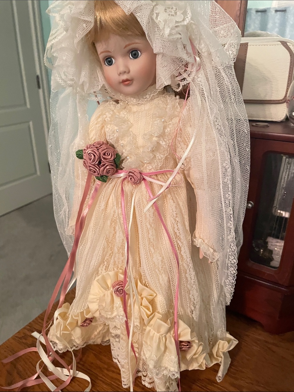 Porcelain Collectible Doll in Cream Dress with Pink Rose Accents